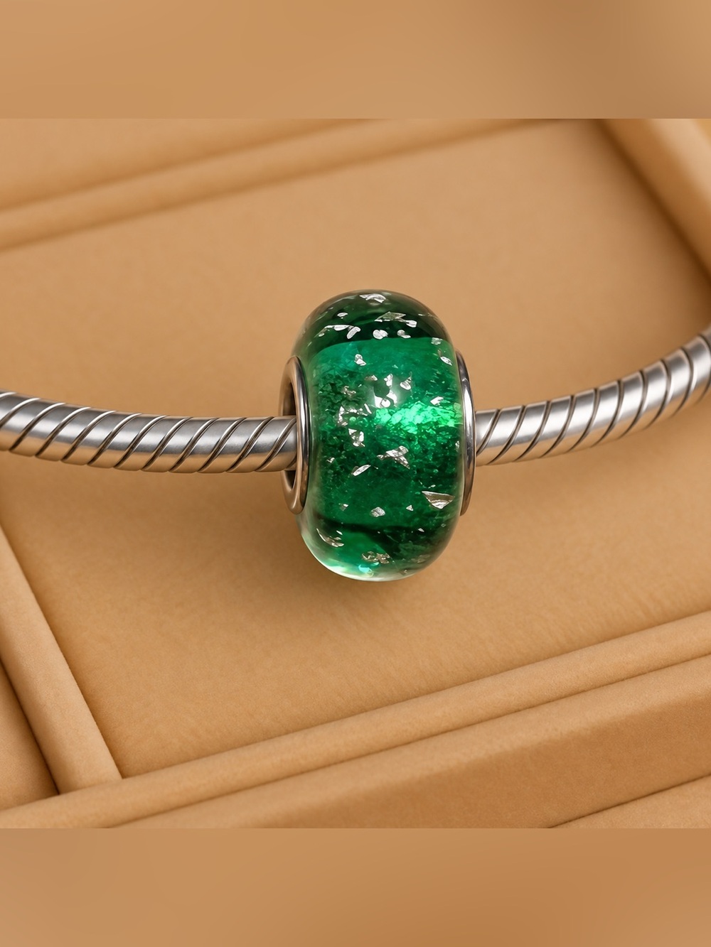 Chamilia 925 Silver Green Gold Flakes Murano Glass Bead Charm EUC CHAMILIA #301